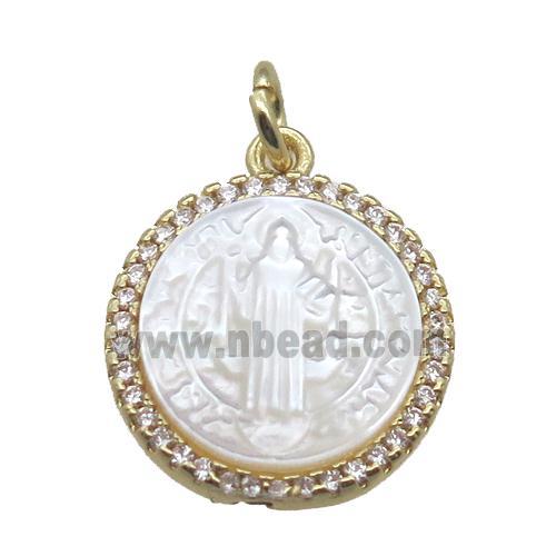 copper circle pendant pave zircon with shell virgin mary, gold plated