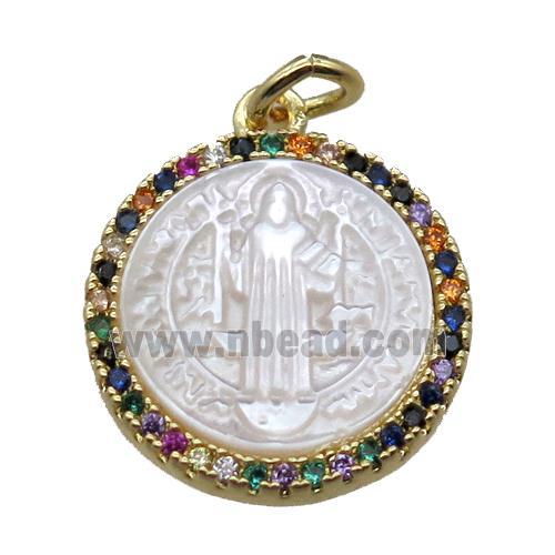 copper circle pendant pave zircon with shell virgin mary, gold plated