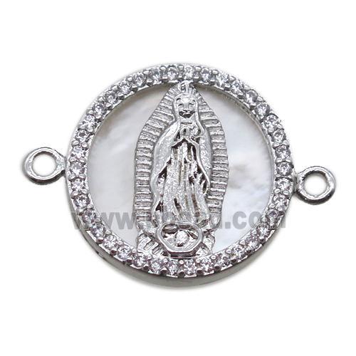 copper circle connector pave zircon with shell virgin mary, platinum plated