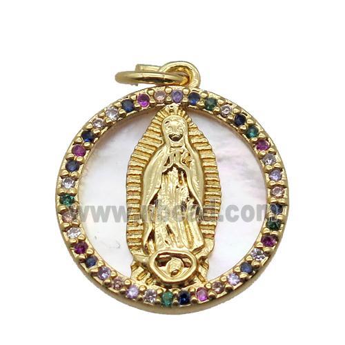 copper circle pendant pave zircon with shell virgin mary, gold plated