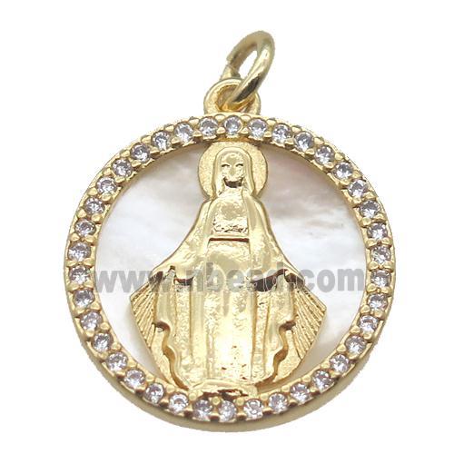 copper circle pendant pave zircon with shell virgin mary, gold plated