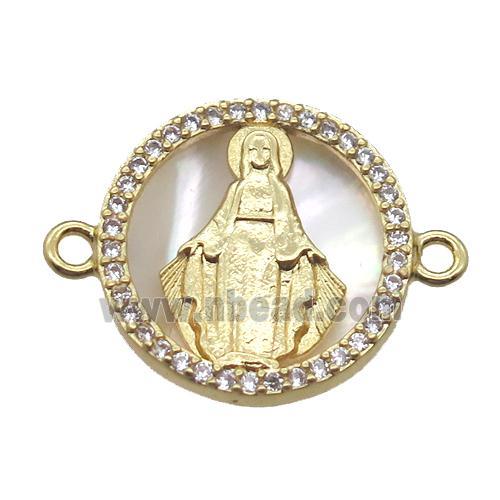 copper circle connector pave zircon with shell virgin mary, gold plated