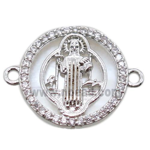 copper circle connector pave zircon with shell virgin mary, platinum plated