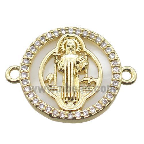 copper circle connector pave zircon with shell virgin mary, gold plated