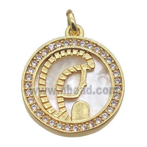 copper circle pendant pave zircon with shell virgin mary, gold plated