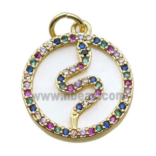 copper circle pendant paved zircon with snake, gold plated, shell backing