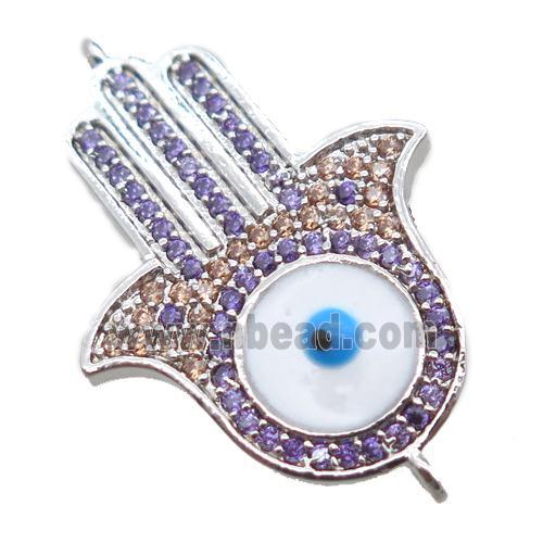 copper hamsahand connector paved zircon with evil eye, platinum plated