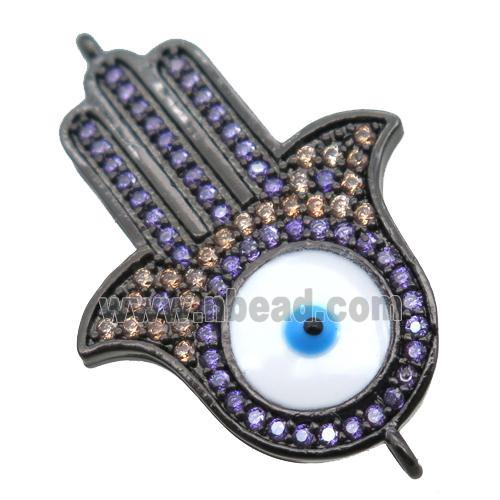 copper hamsahand connector paved zircon with evil eye, black plated