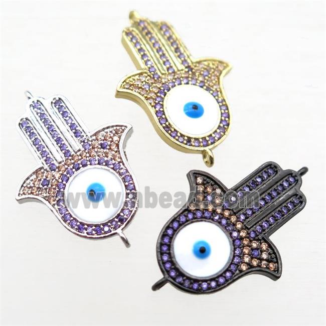 copper hamsahand connector paved zircon with evil eye, mixed