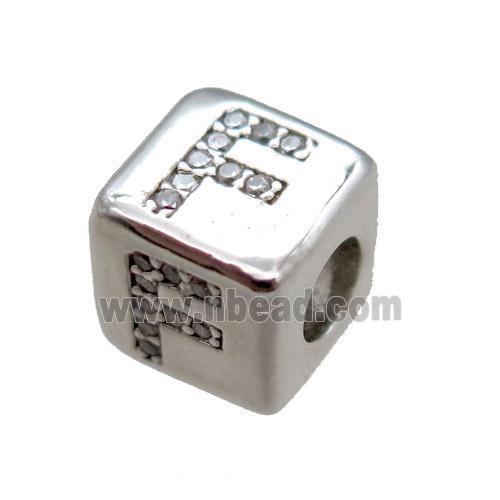 copper cube letter-F beads pave zircon, platinum plated