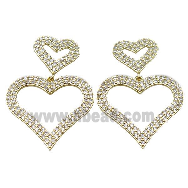 copper stud Earrings pave zircon, heart, gold plated