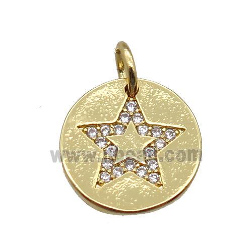 copper circle pendant paved zircon, star, gold plated