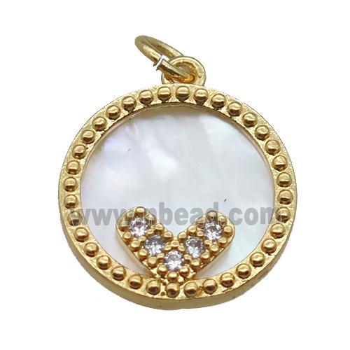 copper circle pendant paved zircon, shell backing, gold plated