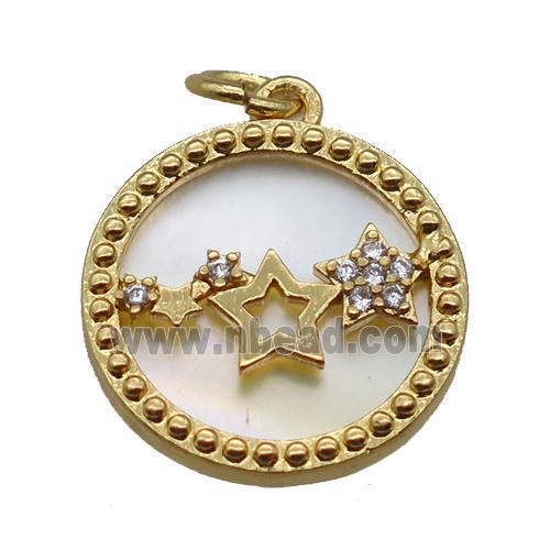 copper circle pendant paved zircon, star, shell backing, gold plated