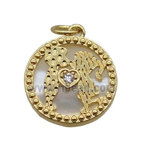 copper circle pendant paved zircon, heart, shell backing, gold plated