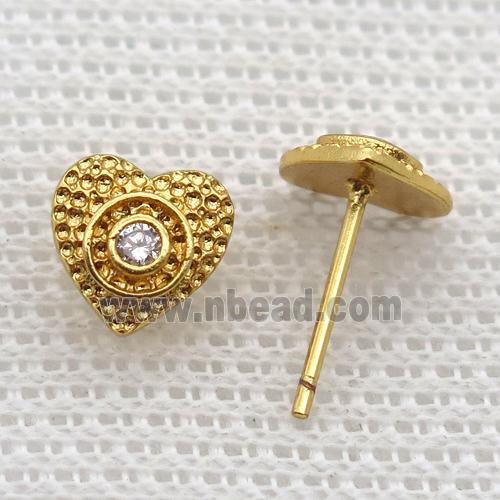 copper stud Earrings pave zircon, heart, gold plated