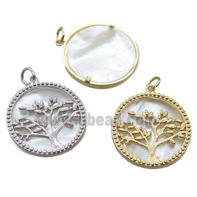copper circle pendant, tree of life, shell backing, mixed