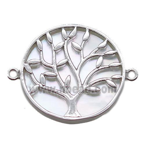 copper circle connector, tree of life, shell backing, platinum plated