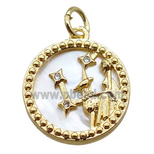 copper circle pendant paved zircon, Zodiac Virgo, shell backing, gold plated