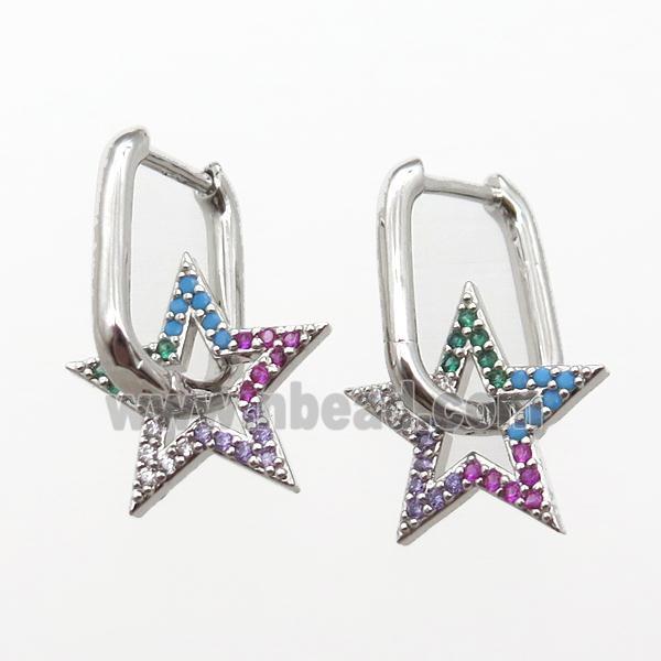 copper Latchback Earrings paved zircon, star, platinum plated