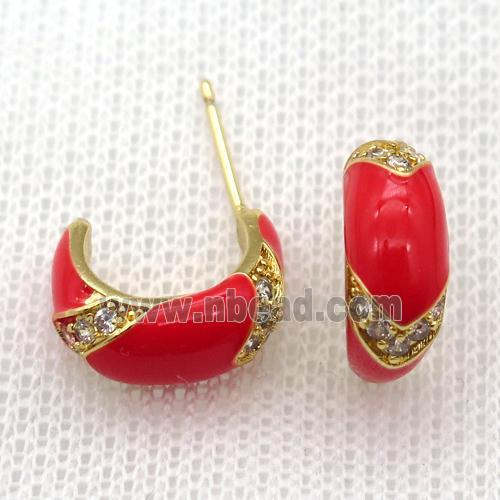 copper stud Earrings with red Enameling, gold plated