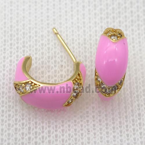 copper stud Earrings with pink Enameling, gold plated