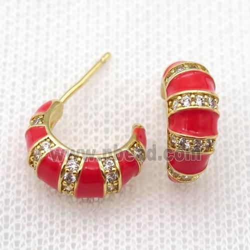 copper stud Earrings with red Enameling, gold plated