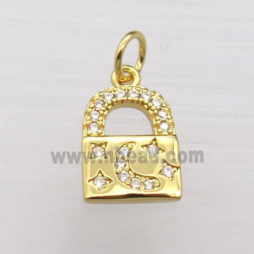 copper lock pendant pave zircon, moon, gold plated