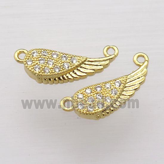 copper pendant pave zircon with 2loops, angel wings, gold plated