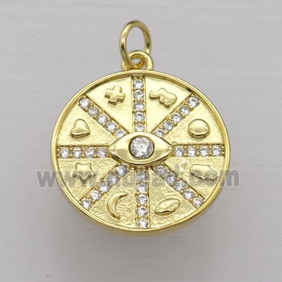 copper circle pendant pave zircon, gold plated