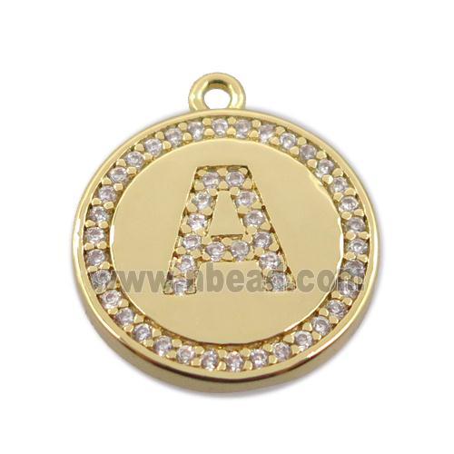 copper circle pendant pave zircon, letter A, gold plated