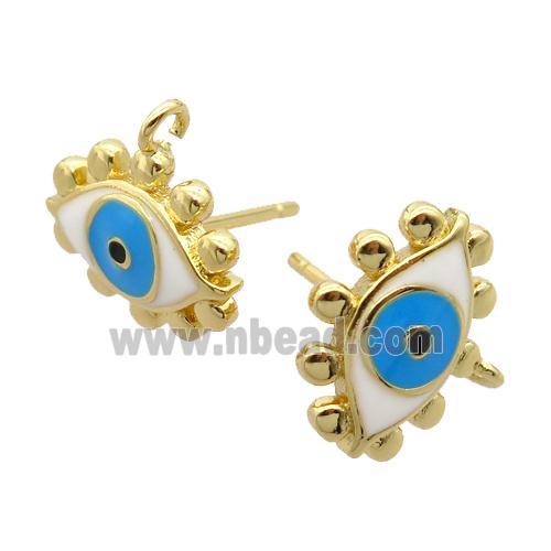 copper Stud Earrings, enamel evil eye, gold plated