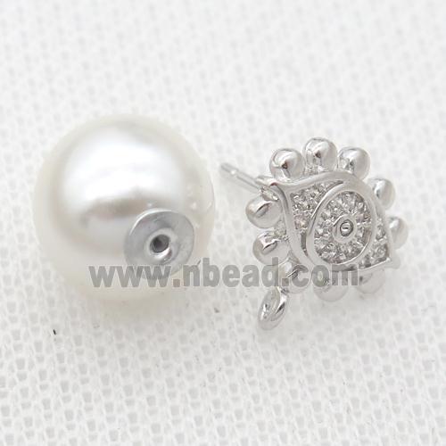 copper Stud Earrings pave zircon, pearl shell, platinum plated