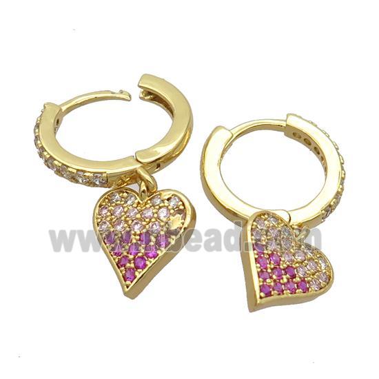 copper Hoop Earrings pave zircon with heart, gold plated