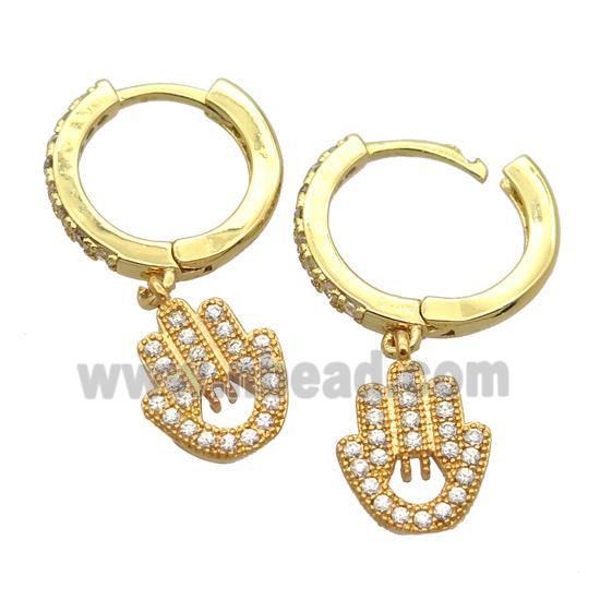 copper Hoop Earrings pave zircon with hamsahand, gold plated