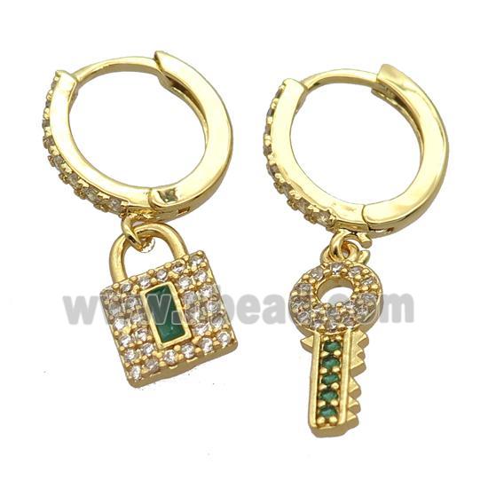 copper Hoop Earrings pave zircon with keyLock, gold plated