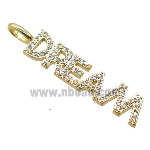 copper DREAM pendant pave zircon, letter, gold plated