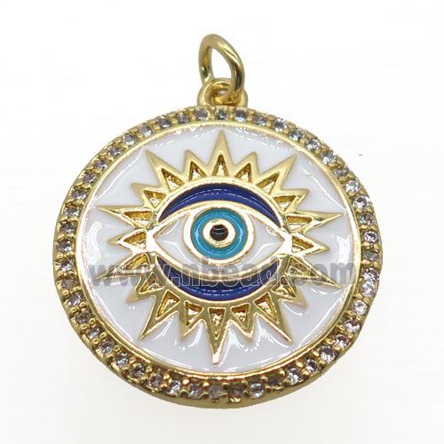 copper circle pendant pave zircon, enamel, eye, gold plated