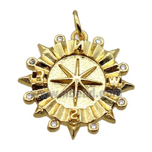 copper Compass pendant pave zircon, gold plated