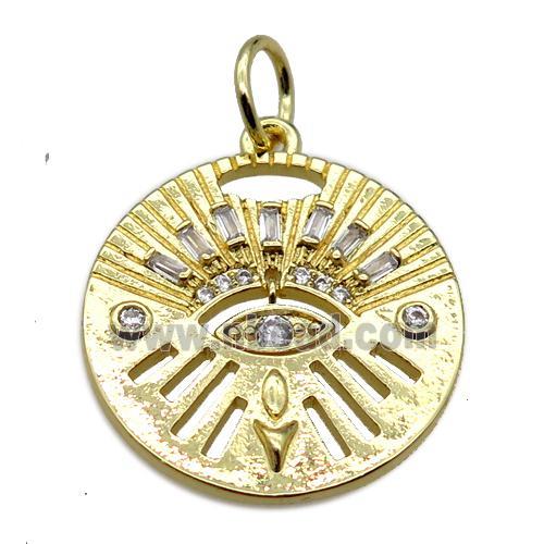 copper circle pendant pave zircon, eye, gold plated