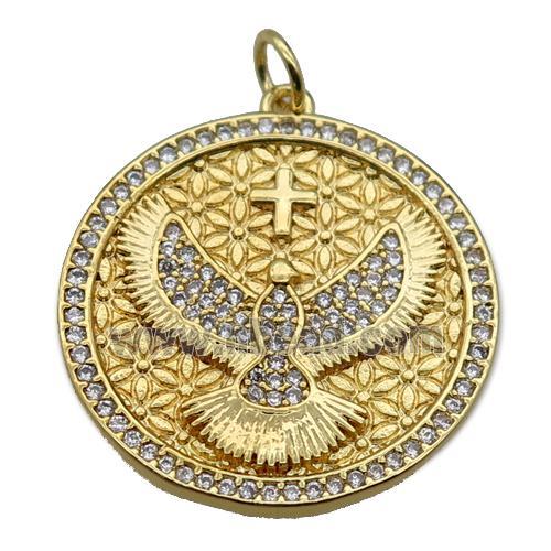 copper circle pendant pave zircon with hawk, gold plated