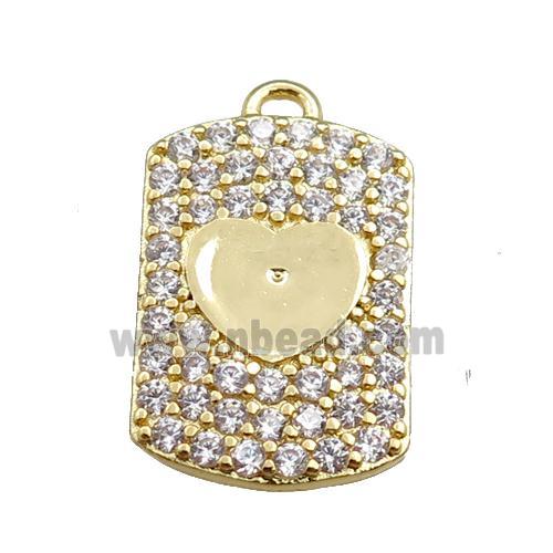 copper rectangle pendant pave zircon, heart, gold plated