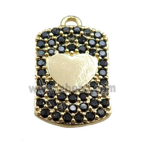 copper rectangle pendant pave black zircon, heart, gold plated