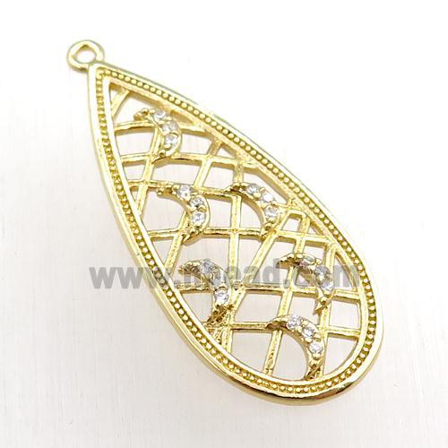 copper teardrop pendant pave zircon, moon, gold plated