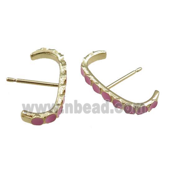 copper Stud Earrings with pink enameled, gold plated