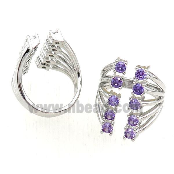 copper Rings pave purple zircon, adjustable, platinum plated