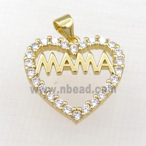 copper heart MAMA pendant paved zircon, gold plated