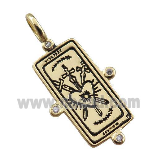 copper tarot card pendant, three sword, gold plated