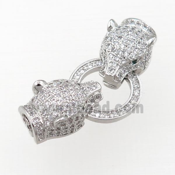 copper clasp pave zircon, foxhead, platinum plated