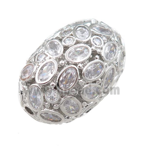 copper barrel beads pave zircon, hollow, platinum plated